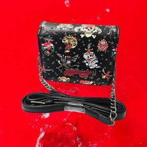 New Ed Hardy Skull & Tiger Tattoo Rhinestones Print Crossbody Bag 5"x3.5"x2" Y2K